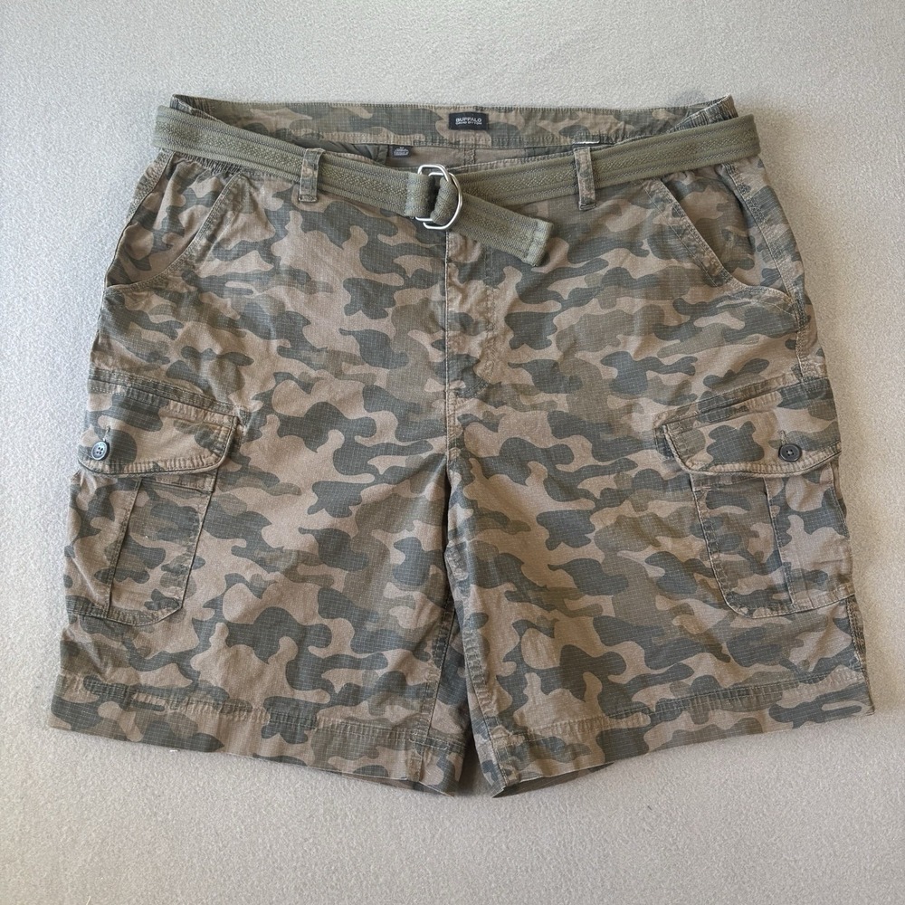 Buffalo David Bitton Camo Cargo Shorts Mens 42 Belted Ripstop Military Utility
